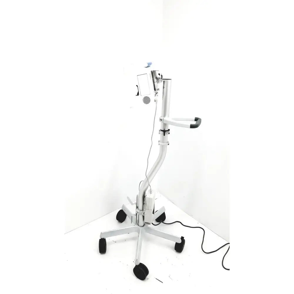 Silver spacelabs healthcare ultraview sl model 91367 patient monitor stand with adjustable arm and black caster wheels