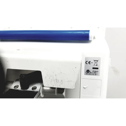 White plastic label with ce ul certifications and model lr 80473 on the back of spacelabs healthcare ultraview sl model patient monitor