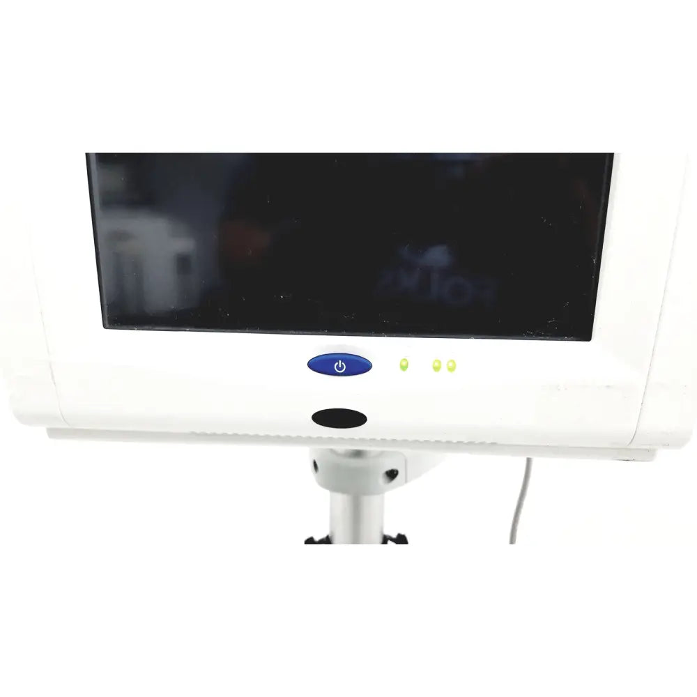 White medical monitor with blue power button and three green indicator lights spacelabs healthcare ultraview sl model 91367 patient monitor with rolling stand