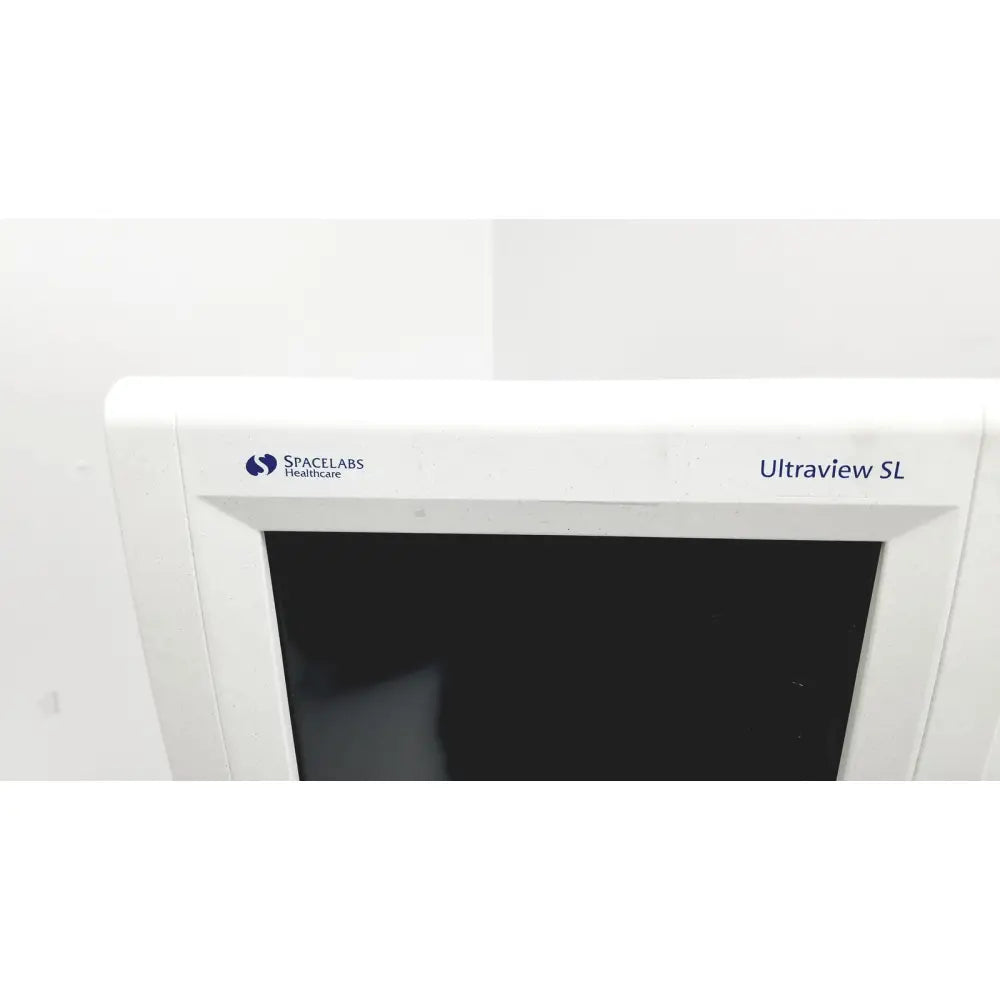 White plastic spacelabs healthcare ultraview sl model 91367 patient monitor with rolling stand bezel branding visible