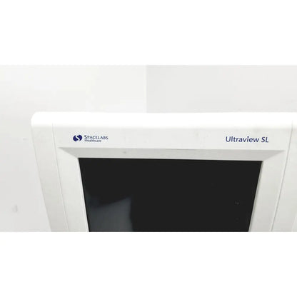 White plastic spacelabs healthcare ultraview sl model 91367 patient monitor with rolling stand bezel branding visible