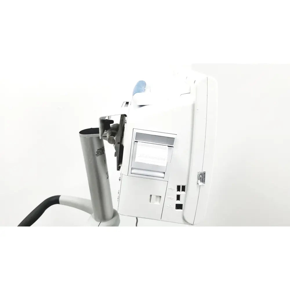 White spacelabs healthcare ultraview sl model 91367 patient monitor with silver cylindrical arm and blue accents on rolling stand