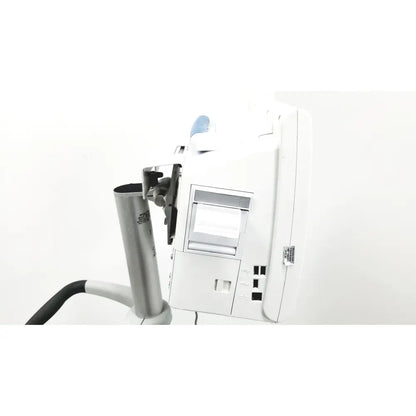 White spacelabs healthcare ultraview sl model 91367 patient monitor with silver cylindrical arm and blue accents on rolling stand