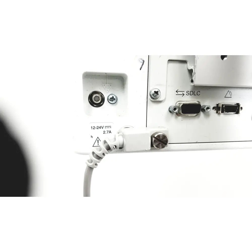 White plastic coiled power cord with metallic connector for spacelabs healthcare ultraview sl model 91367 patient monitor