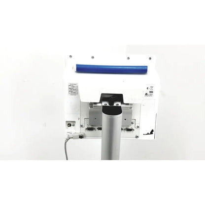 White receipt printer with blue paper roll on spacelabs healthcare ultraview sl model 91367 patient monitor stand
