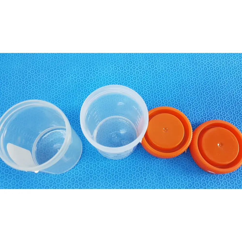 Clear plastic specimen containers 90 ml sterile with tamper-evident label and orange screw-on cap for medical reuse