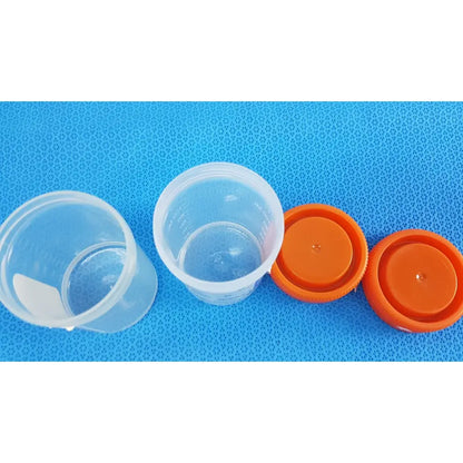 Clear plastic specimen containers 90 ml sterile with tamper-evident label and orange screw-on cap for medical reuse