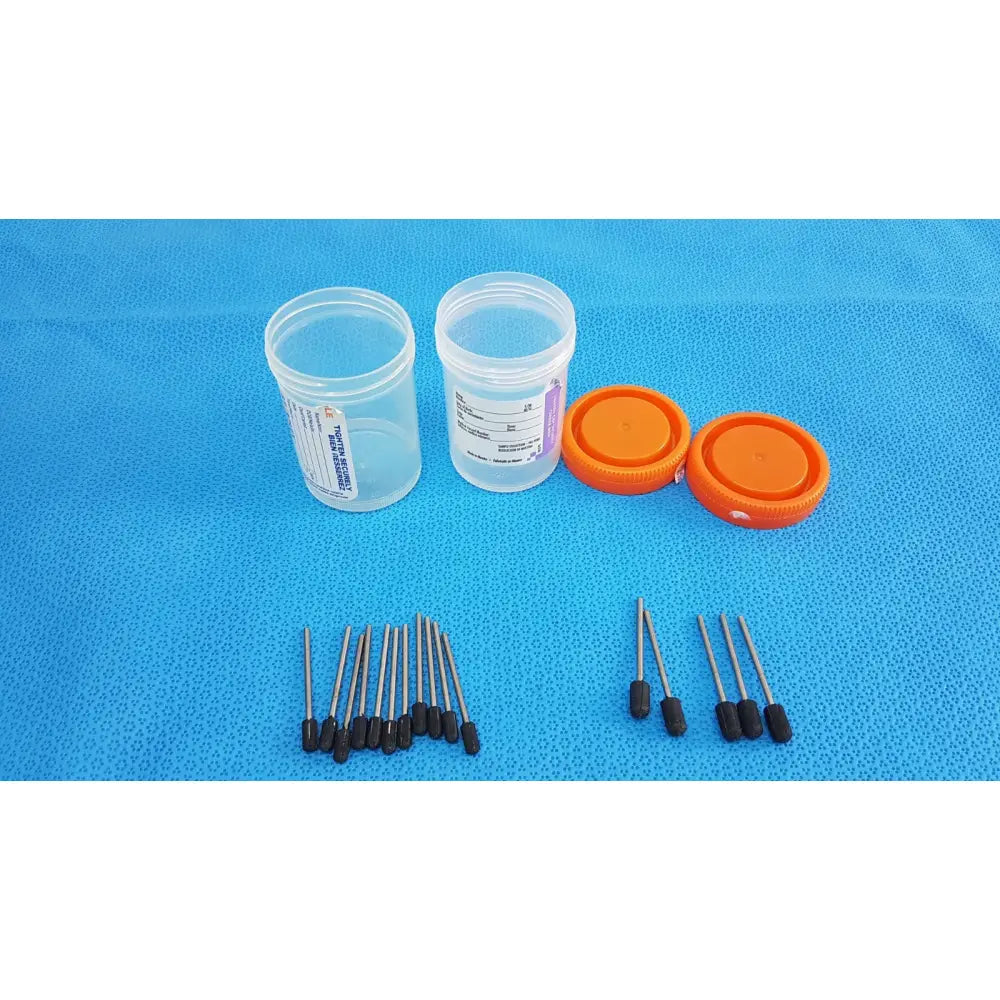 Two clear plastic specimen containers 90 mL sterile with tamper-evident label orange cap and black-tipped metal needles