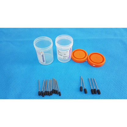 Two clear plastic specimen containers 90 mL sterile with tamper-evident label orange cap and black-tipped metal needles
