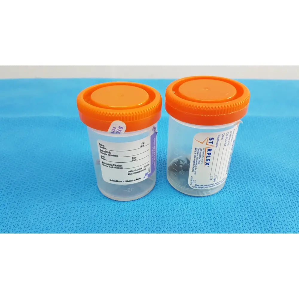 Two clear plastic specimen containers with bright orange cap and tamper-evident label by stiplex, 90 ml sterile capacity