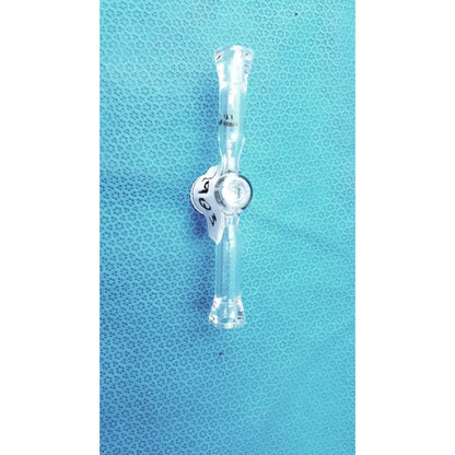 Clear spherical joint glass stopcock valve made of borosilicate with white label and black text for lab vacuum use