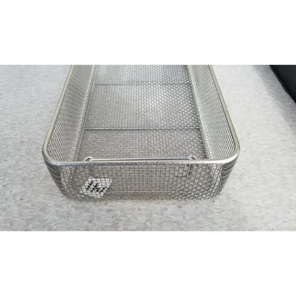 Rectangular stainless steel basket with handle for sterilization case made of durable steel mesh