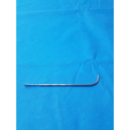 Silver stainless steel curved surgical instrument with slender design and polished finish for precise medical use