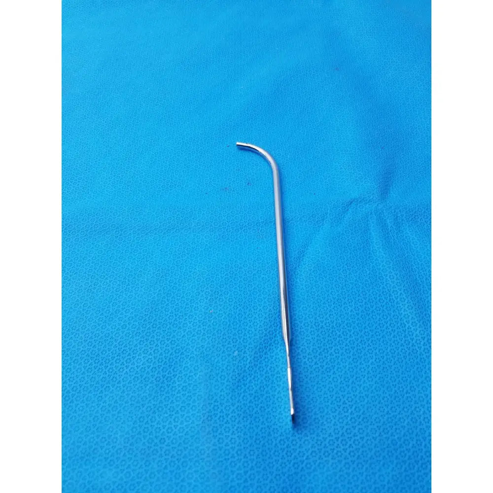 Silver stainless steel curved surgical instrument with a slender hook design and polished metallic finish