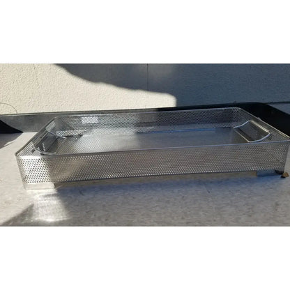 Rectangular stainless steel instrument sterilization basket tray with perforated design and reinforced handles for durability