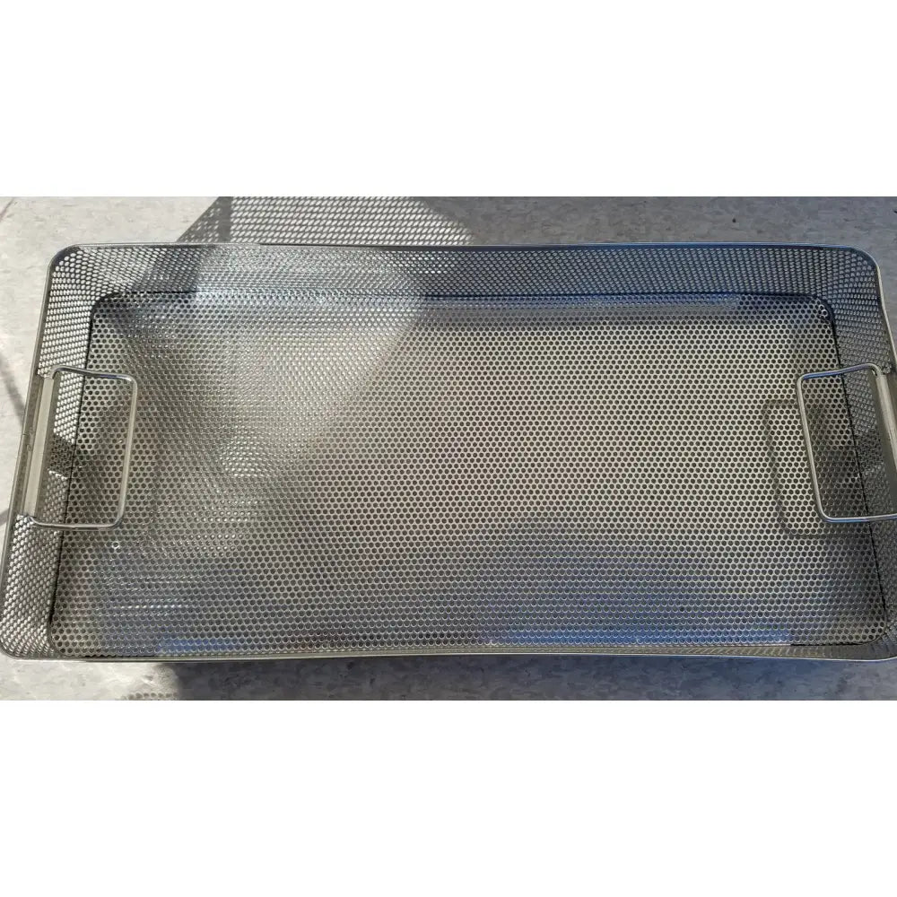 Rectangular stainless steel instrument sterilization basket tray with reinforced handles and blue rubber seal rim