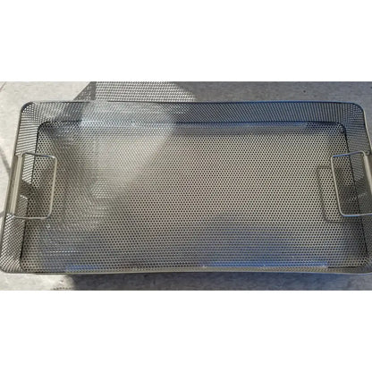 Rectangular stainless steel instrument sterilization basket tray with reinforced handles and blue rubber seal rim