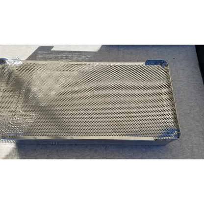 Rectangular stainless steel instrument sterilization basket tray with perforated surface and reinforced edges