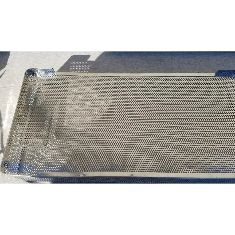 Rectangular stainless steel instrument sterilization basket tray with perforated surface and reinforced corners