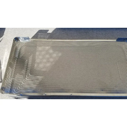Rectangular stainless steel instrument sterilization basket tray with perforated surface and reinforced corners