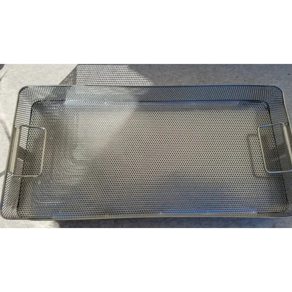 Rectangular stainless steel instrument sterilization basket tray with mesh design and two side handles for easy handling
