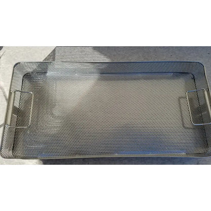 Rectangular stainless steel instrument sterilization basket tray with mesh design and two side handles for easy handling