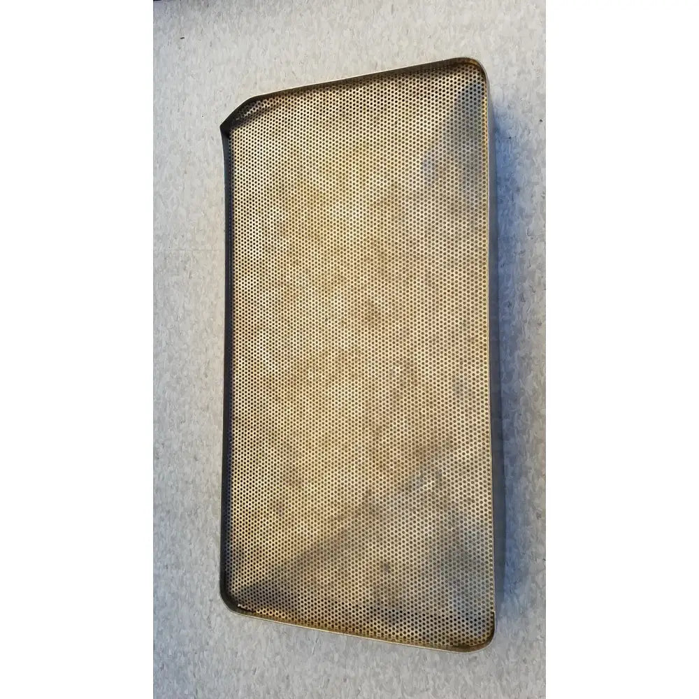 A rectangular gold-toned steel sterilization basket tray with mesh construction and rounded corners for stainless steel sterilization