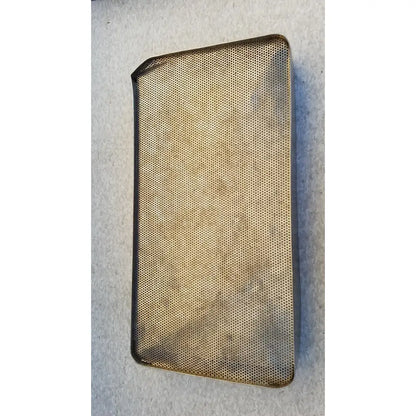 A rectangular gold-toned steel sterilization basket tray with mesh construction and rounded corners for stainless steel sterilization