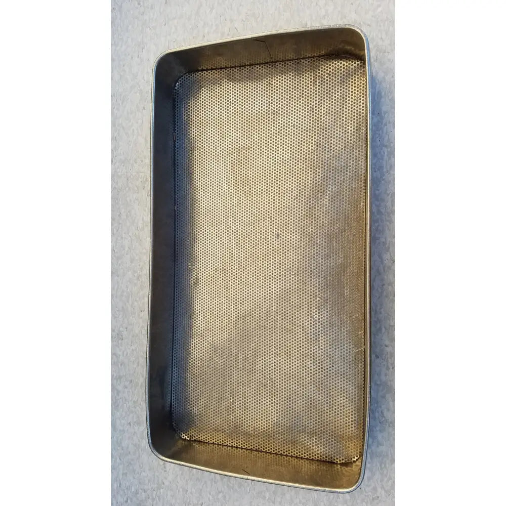 Rectangular stainless steel sterilization basket tray with silver-toned finish and uniform perforations for medical use