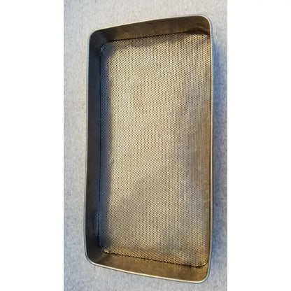 Rectangular stainless steel sterilization basket tray with silver-toned finish and uniform perforations for medical use