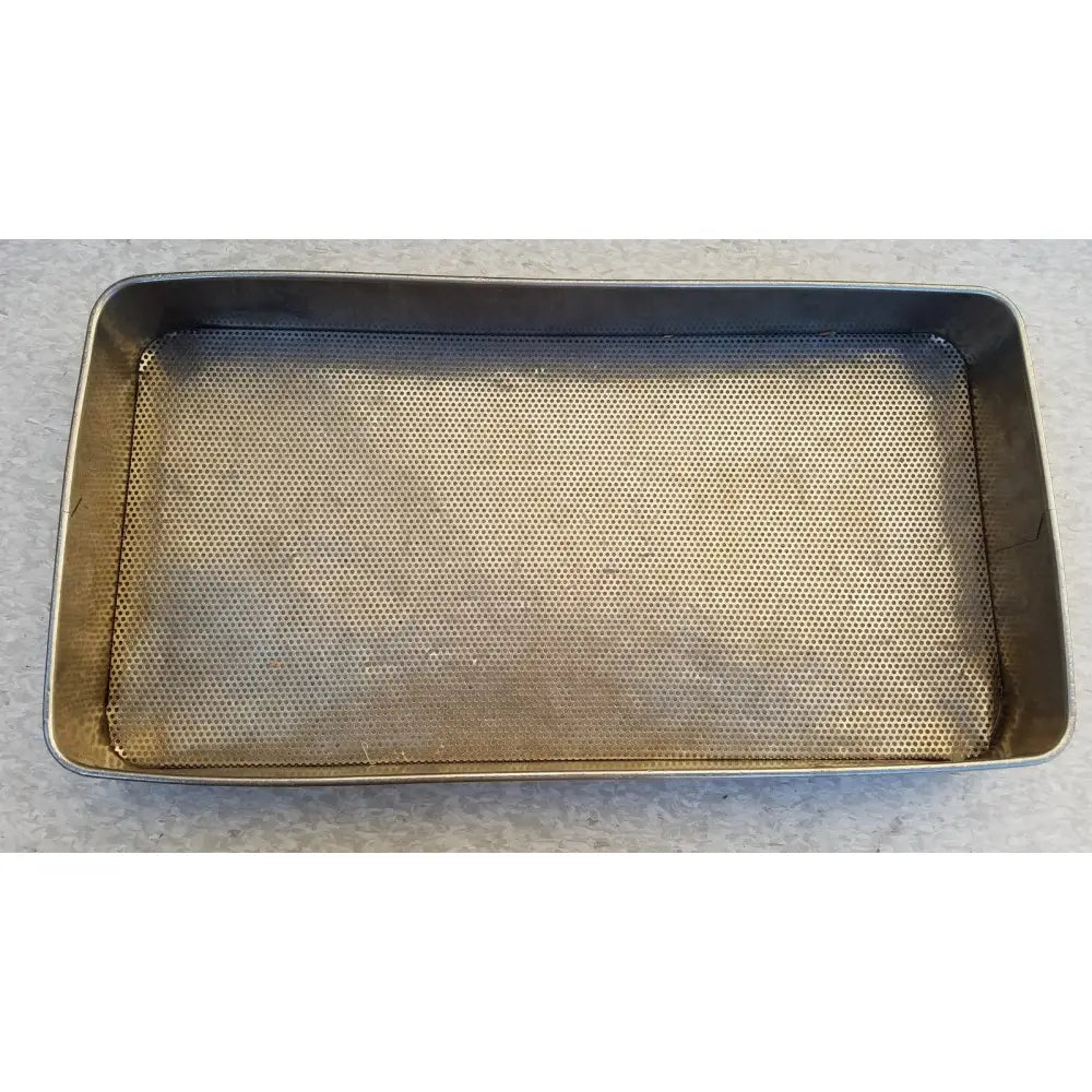 Rectangular stainless steel sterilization basket tray with a perforated mesh interior surface for steel sterilization
