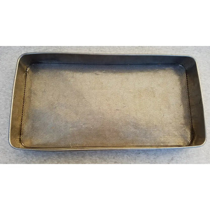 Rectangular stainless steel sterilization basket tray with a perforated mesh interior surface for steel sterilization