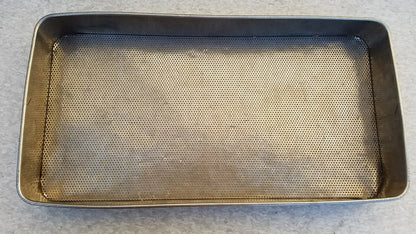 Rectangular stainless steel sterilization basket tray with a perforated mesh interior surface for steel sterilization