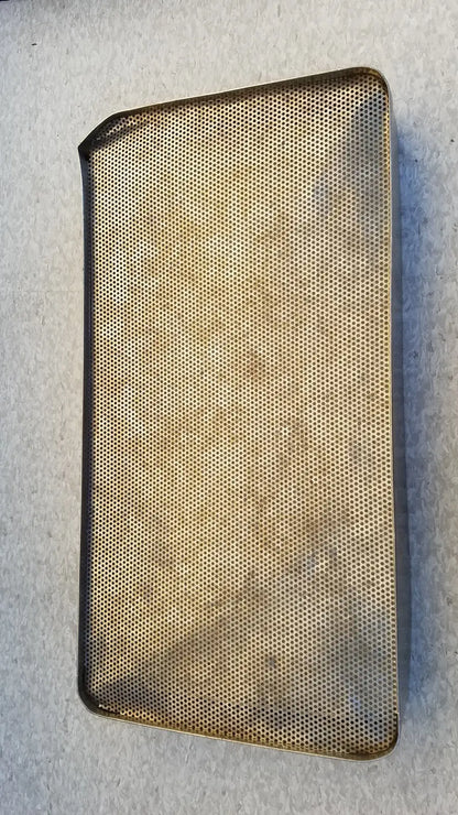 A rectangular gold-toned steel sterilization basket tray with mesh construction and rounded corners for stainless steel sterilization