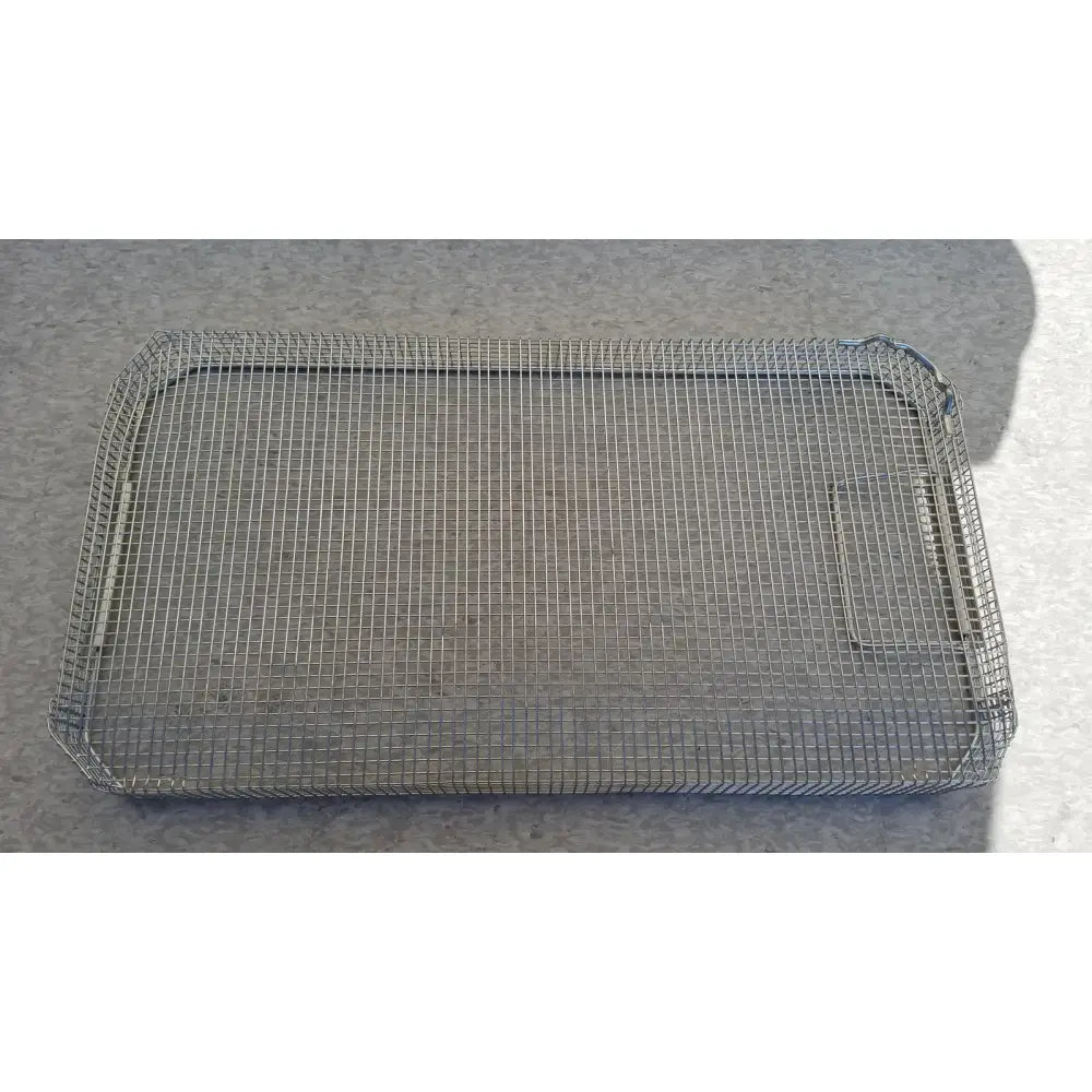 Rectangular stainless steel sterilization surgical cases basket with metal mesh, reinforced edges, and handle cutout