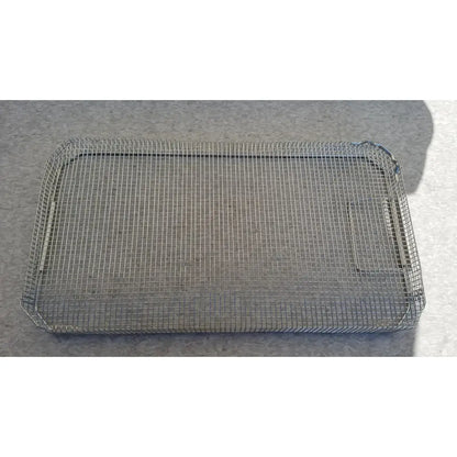 Rectangular stainless steel sterilization surgical cases basket with metal mesh, reinforced edges, and handle cutout