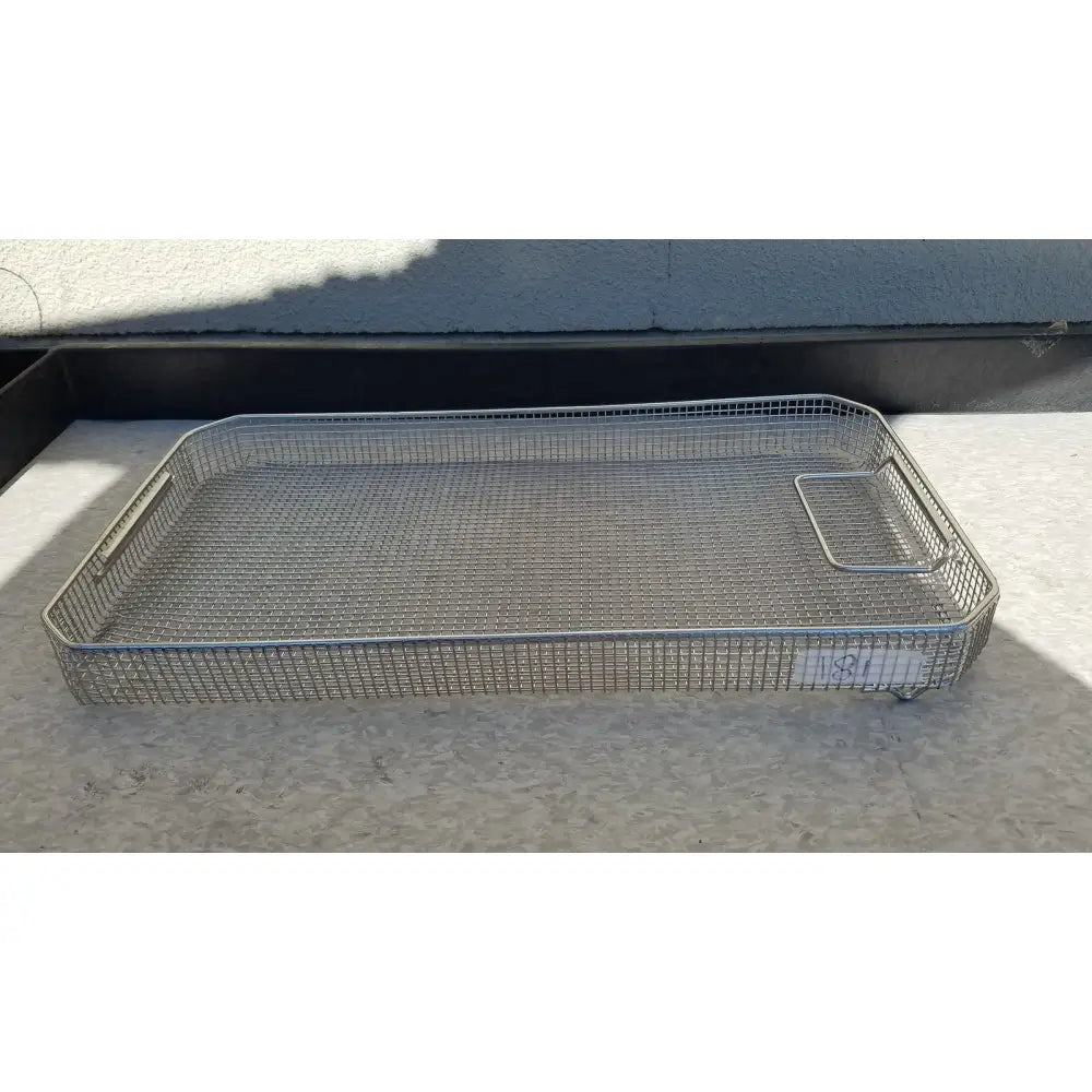 Rectangular stainless steel sterilization surgical cases basket with mesh tray, reinforced edges, and integrated handles