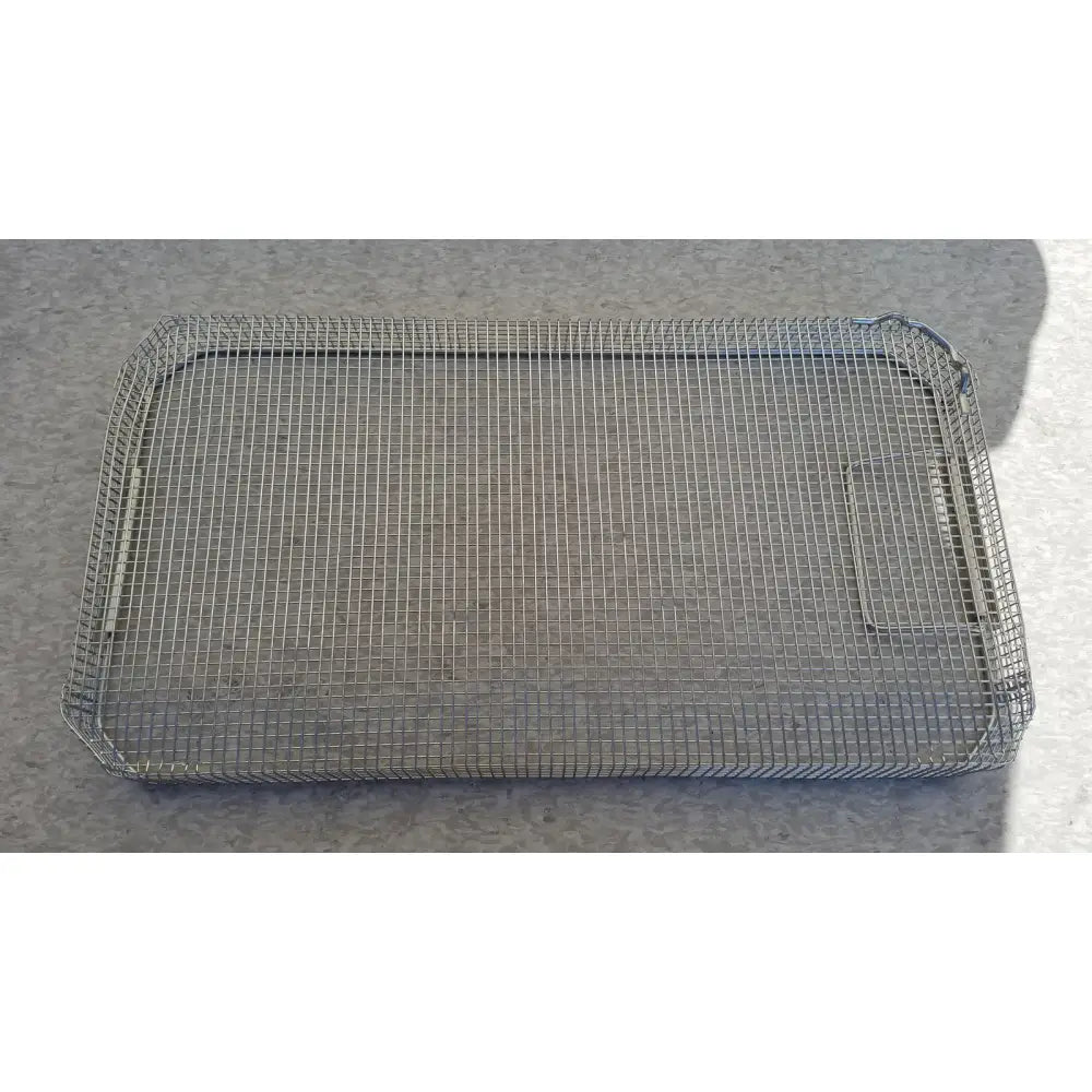 Rectangular stainless steel sterilization surgical cases mesh tray with reinforced edges and a small handle on one side