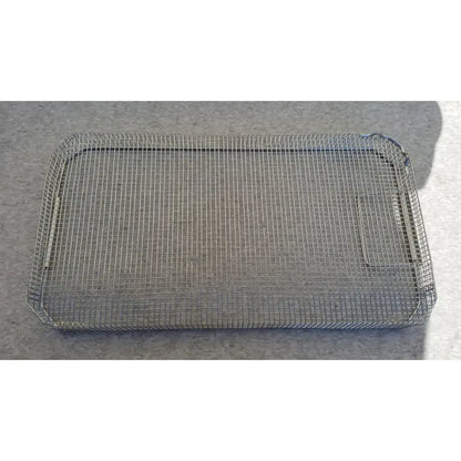 Rectangular stainless steel sterilization surgical cases mesh tray with reinforced edges and a small handle on one side