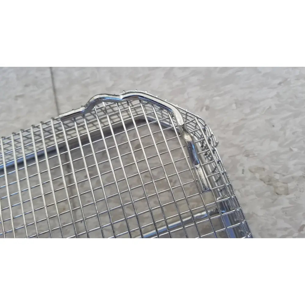 Silver stainless steel sterilization surgical cases basket with wire mesh rack and curved handle for medical use
