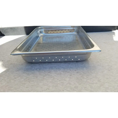 Rectangular stainless steel tray with evenly spaced perforations for drainage and ventilation in a steel tray design