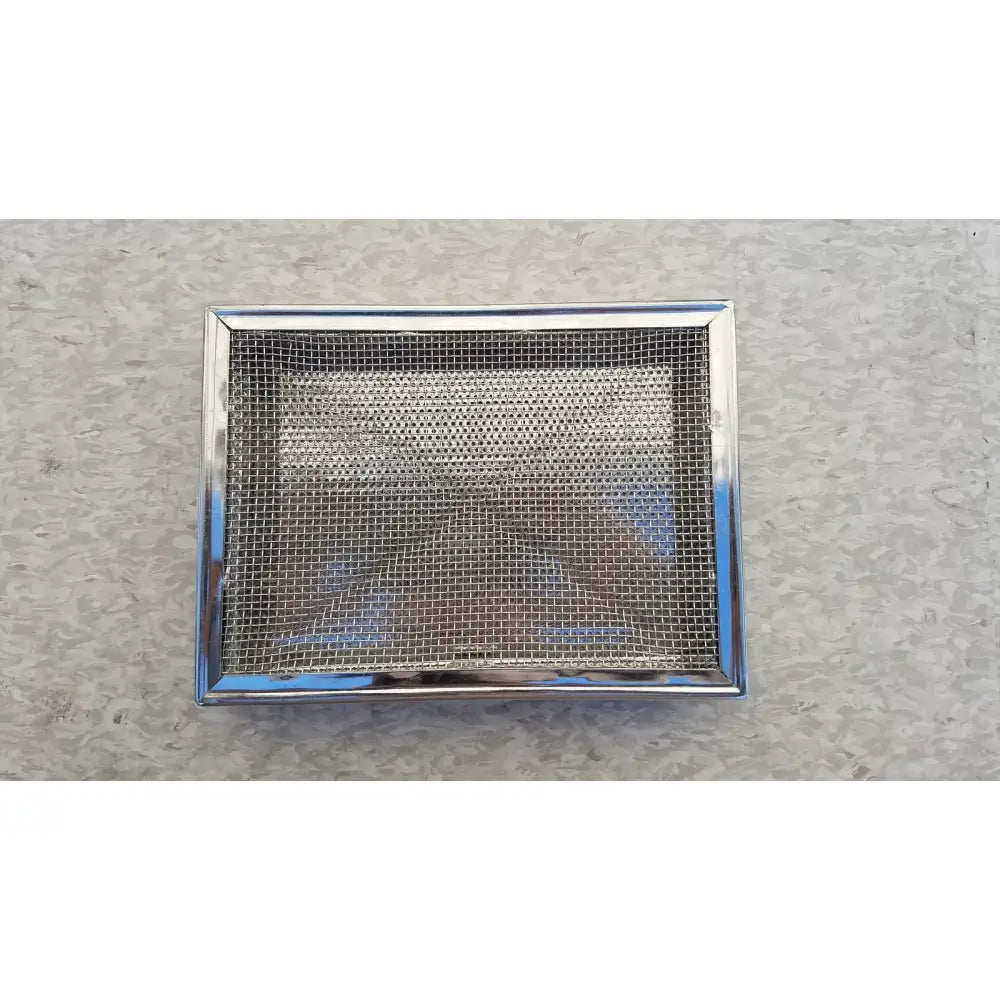 Rectangular chrome-framed stainless surgical instrument box ventilation grille with fine metal mesh for sterilization