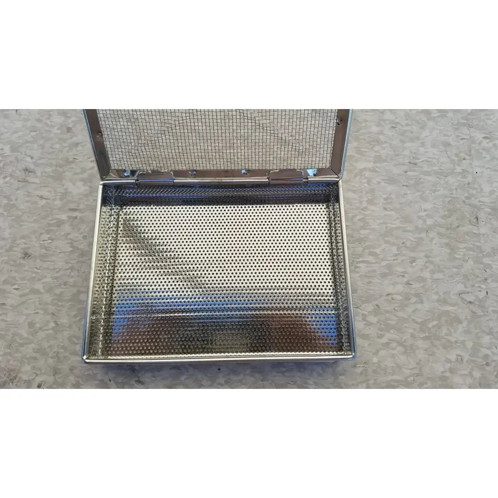 Stainless surgical instrument box with perforated bottom mesh and hinged lid for sterilization use