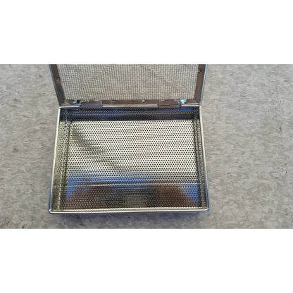 Stainless surgical instrument box with perforated bottom mesh and hinged lid for sterilization use