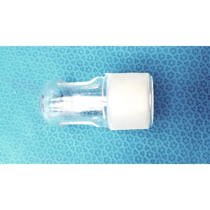 Clear glass vial with white cap featuring a standard taper hollow ground glass stopper for lab flask joint plug