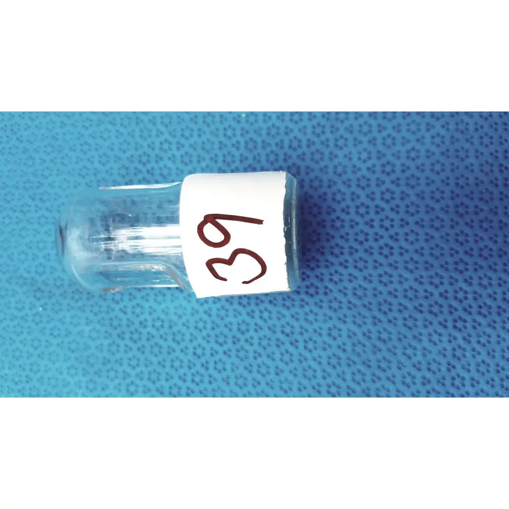 Clear glass vial with a white label number 39 featuring a standard taper hollow ground glass stopper joint plug borosilicate
