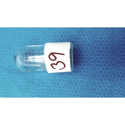 Clear glass vial with a white label number 39 featuring a standard taper hollow ground glass stopper joint plug borosilicate