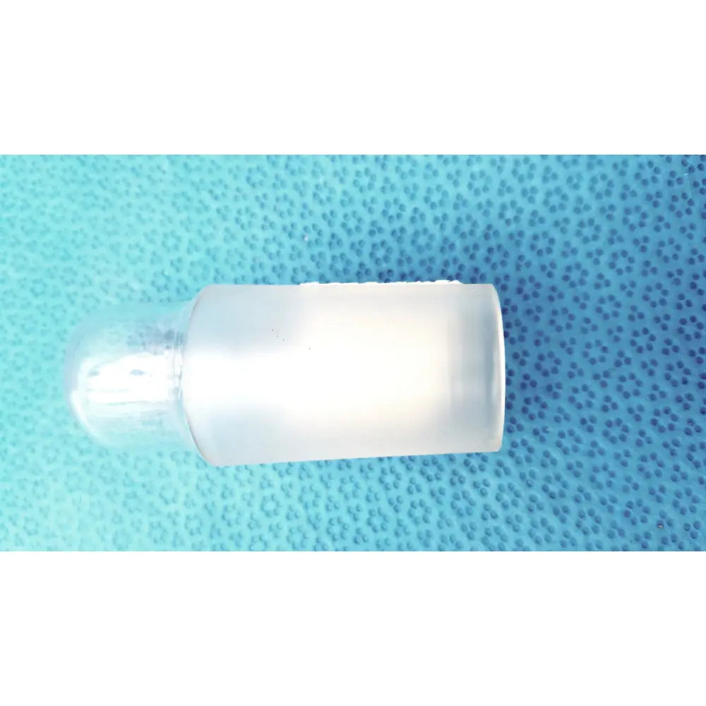 Frosted white plastic led light bulb with clear glass dome shown with standard taper no 29 ground glass hollow stopper