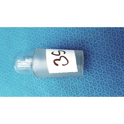 A translucent frosted glass vial with a standard taper no 29 brown label and a clear borosilicate glass hollow stopper
