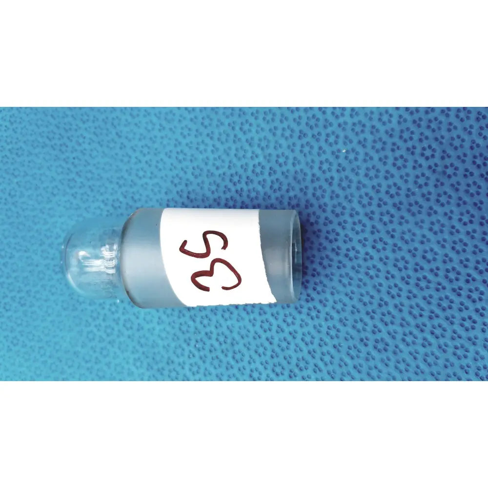 A clear glass hollow stopper with gray translucent base and standard taper marked 35 for laboratory use